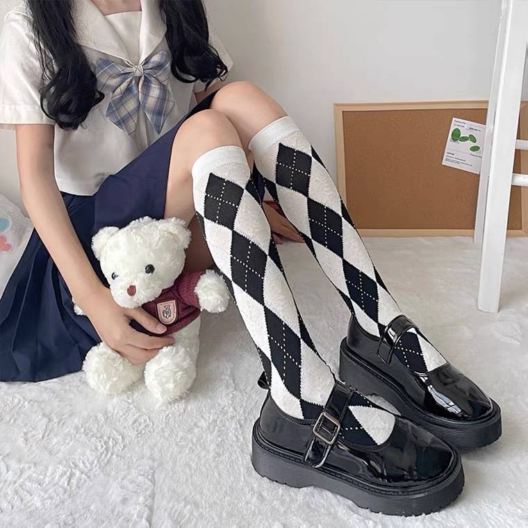 Women's Summer Retro Trendy Socks Black and White Retro Diamond Trendy Socks Personality Japanese Style Color Matching Socks European and American Long Socks