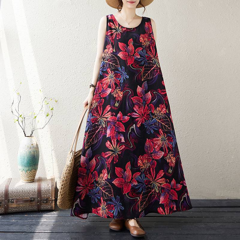 超大码220斤2024夏季波西米亚民族风印花棉麻宽松长裙大摆连衣裙