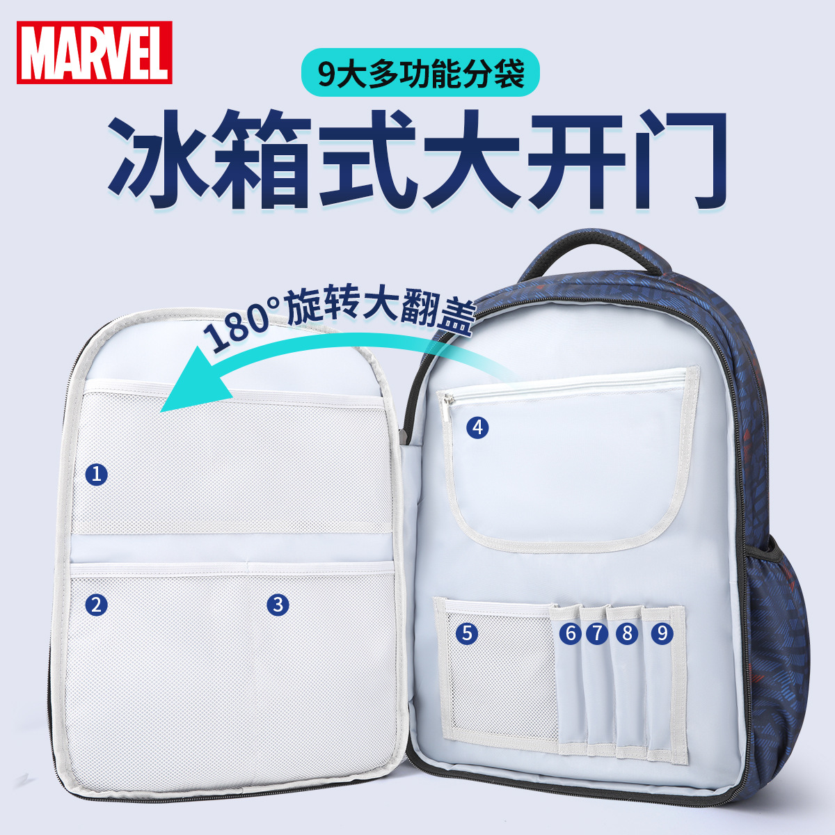 Disney Marvel Children's Schoolbag Refrigerator-Style Open Cover Multi-Layered Large Capacity Primary School Student Grade 3-6 Schoolbag