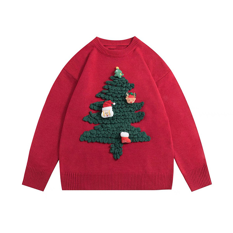 东莞大朗毛衣工厂定制设计感卡通圣诞树红色毛衣男秋冬宽松针织衫