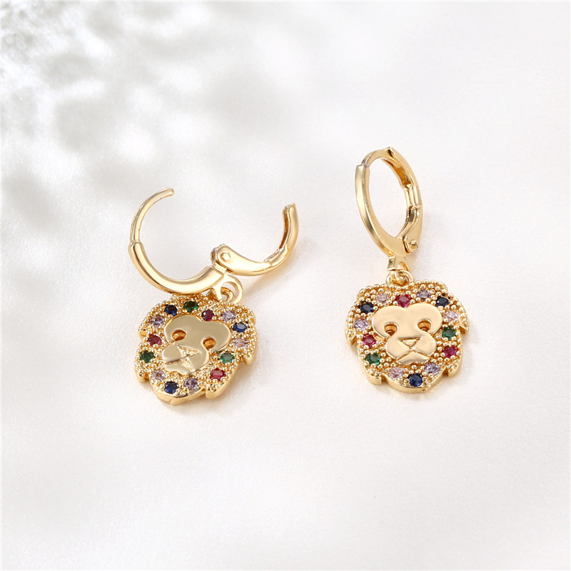 Cross-Border Domineering Retro Lion Zircon Earrings Female Copper Plating 18K Gold Animal Mixed Color Lion King Earrings Earrings