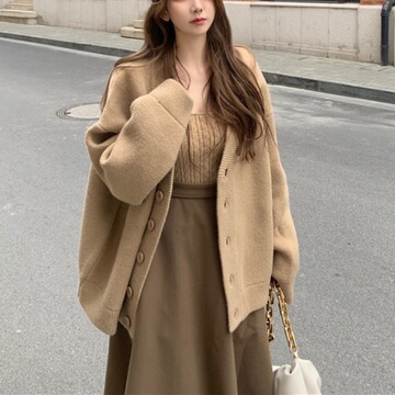 韩版秋冬新款慵懒风毛衣外套女宽松气质时尚潮流v领针织开衫上衣