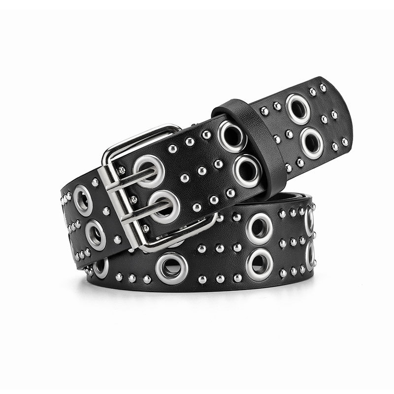 European and American Punk Hollow-out Rivets Belt Men and Women All-Matching Trendy Double Row Pin Buckle Belt for Women Special Decoration New