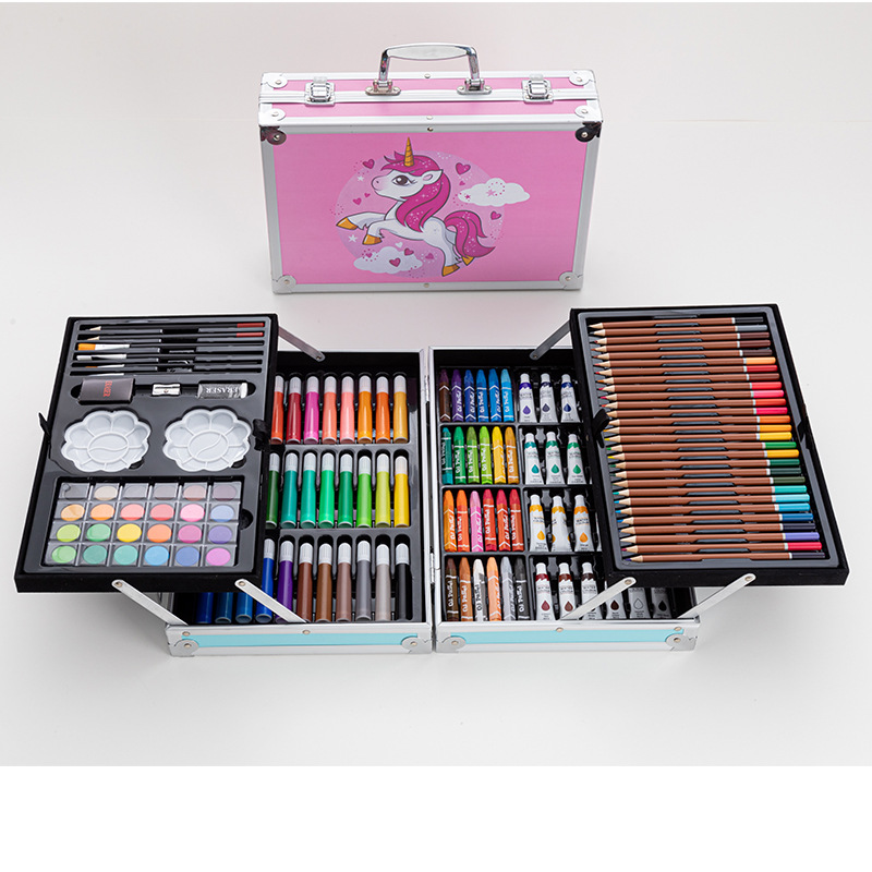 Factory Supply Watercolor Pen Children 145 Double Layer Aluminum Box Painting Kit Watercolor Pen Brush Set 145 Brush