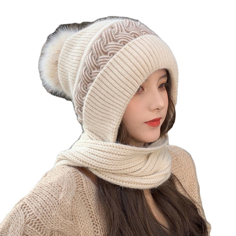 Korean Style Scarf Integrated Hoodie Neck Warmer Women's Korean-Style Winter Warm Wool Hat Cycling Earflaps plus Fluff Knitted Hat