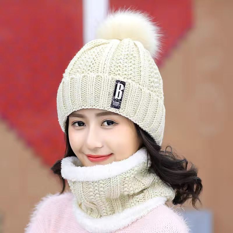 Winter Korean Style Wool Hat Women's Fleece-Lined Thickened Scarf Mother Cycling Warm-Keeping and Cold-Proof Knitted Earflaps Fashion Cap