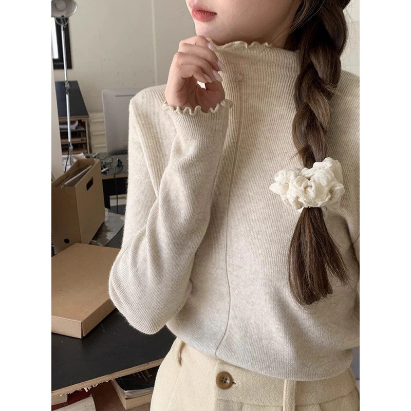 木耳边半高领针织衫女秋冬2025新款设计感小众内搭打底长袖上衣女