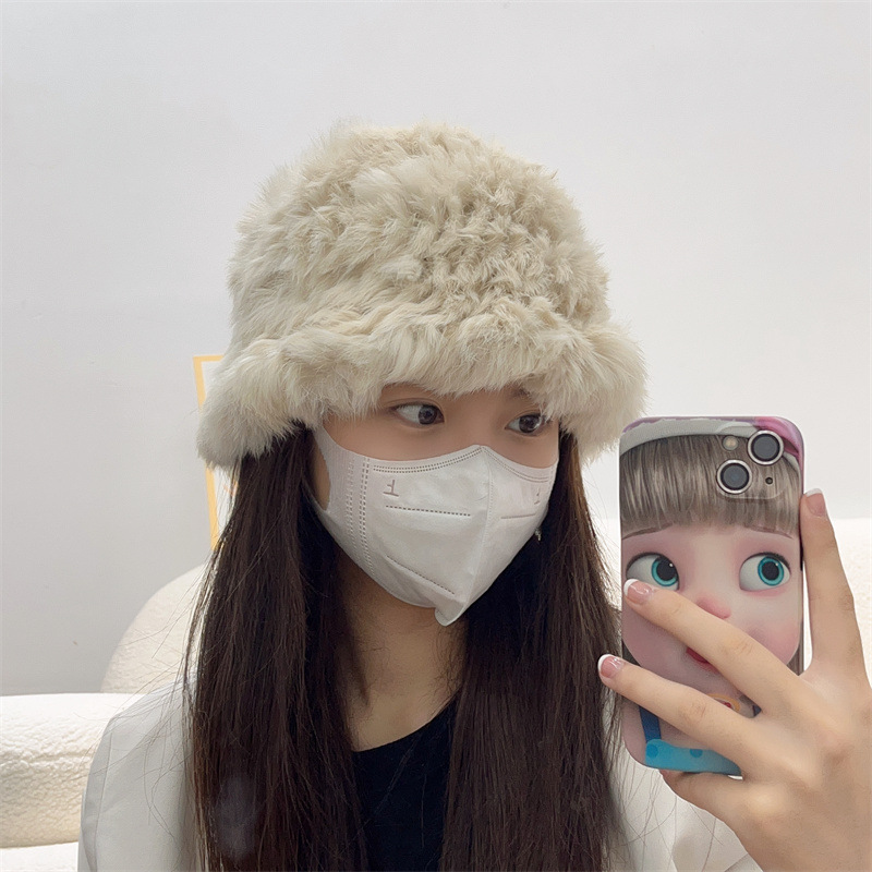 New Style Small Face Bucket Hat Women's Autumn and Winter Rabbit Fur Bag Cap Velvet Cold-Proof Warm Ruffled Bucket Hat