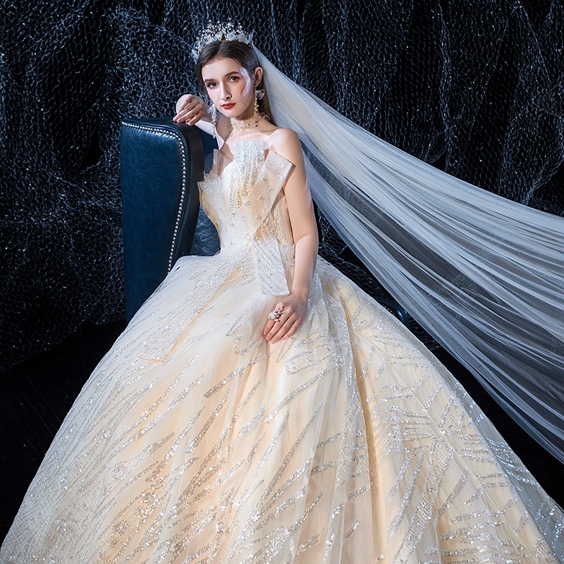 星空主婚纱 新娘抹胸公主风法式梦幻长拖尾轻