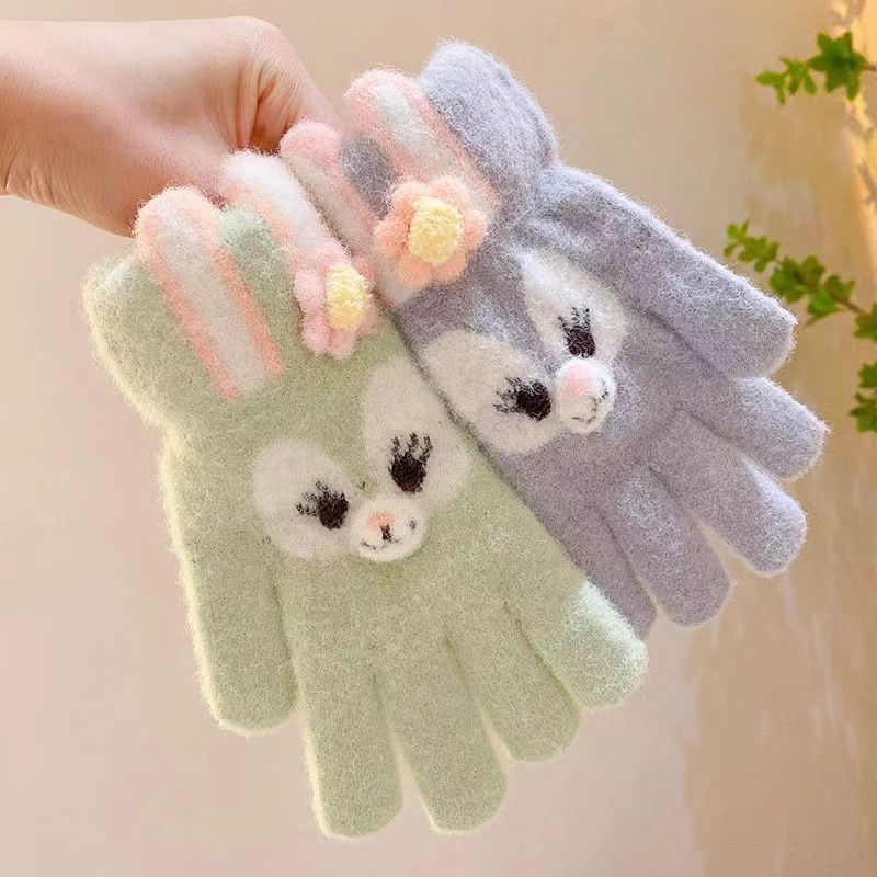 fleece-lined thickened stellalou winter warm children‘s gloves student girl middle and big children riding baby five fingers