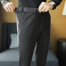 呢子裤 男士秋冬新款修身纯色抽片松紧休闲西裤 英伦商务小脚长裤