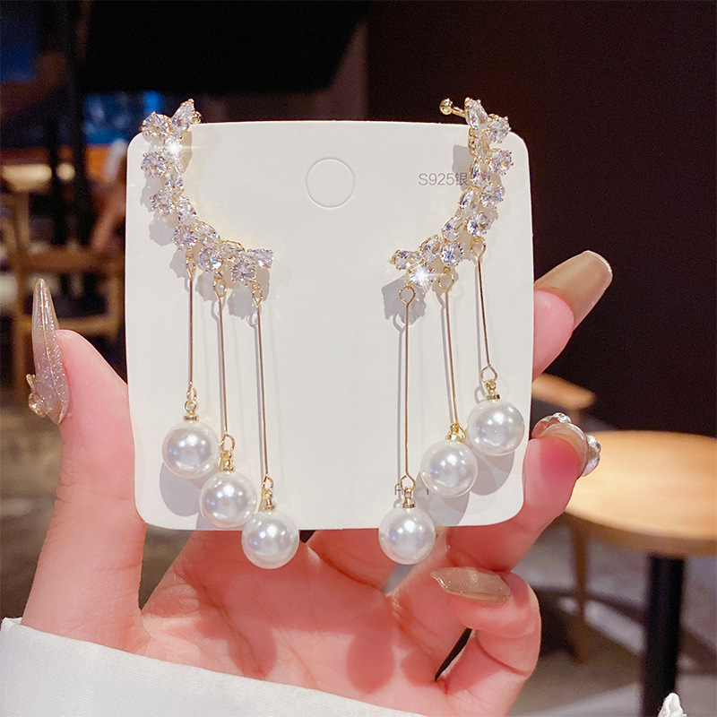 Korean New Style Earrings Fairy 925 Silver Needle Pearl Tassel Ear Clip Earrings Fashionable Temperament Earrings Personalized Earrings for Women