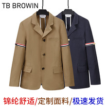 BROWIN TB新款羊毛西装红白蓝条纹织带款开叉翻领休闲外套