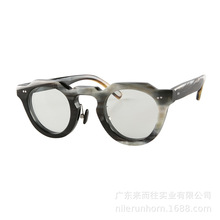 复古经典圆形拱鼻梁铆钉饰黑白花牛角框平光眼镜架墨镜太阳镜