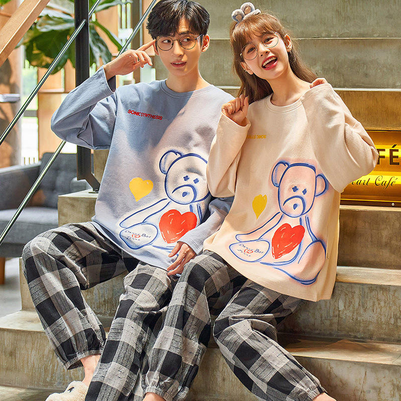 纯棉情侣睡衣女春季新款韩版休闲套头长袖男士家居服套装可穿出门