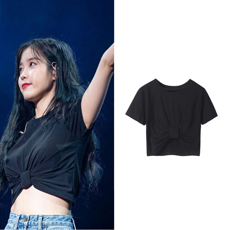 iu李知恩明星同款ins百搭显瘦打结性感露脐短款黑色短袖t恤上衣女