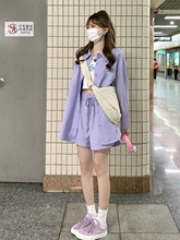 香芋紫防晒衬衫运动服套装女夏季学生韩版宽松长袖短裤休闲两件套