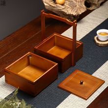 竹木食盒双层竹木提盒秋季野餐盒茶点盒中式礼盒端午粽子盒木提盒
