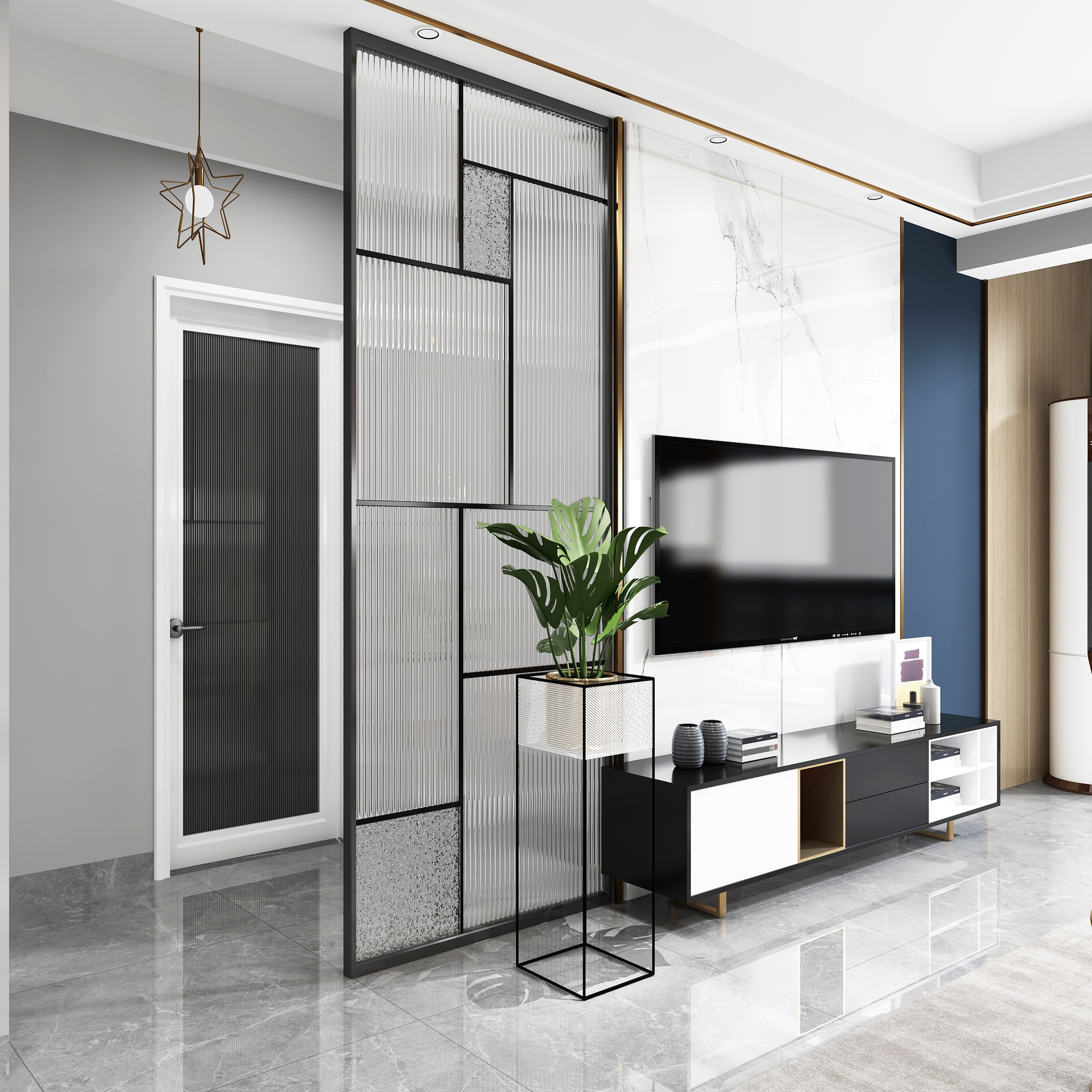 家用客厅入户玻璃玄关洗漱台创意铁艺隔断北欧轻奢钢化玻璃屏风