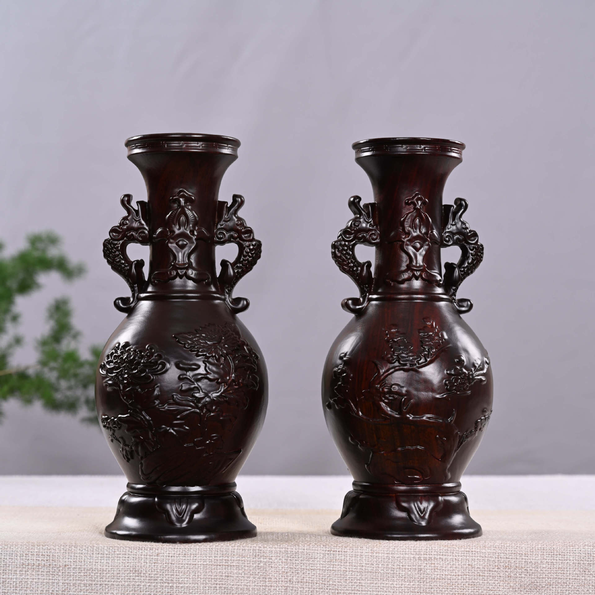 梅兰竹菊花瓶 手工木雕刻复古摆件 创意中式家居礼品木质工艺品