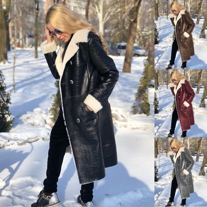 欧美2021时尚兔毛拼接外套女式冬季保暖PU皮外套新款修身长袖外套