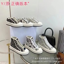 D家 刺绣高帮帆布鞋2024春季新款网红系带厚底内增高休闲运动板鞋