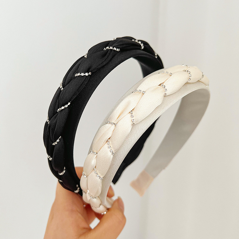 Solid Color Dough-Twist Style Plaits Headband Korean Style Light Luxury All-Matching Weaving High-Grade Rhinestone Hair Fixer Headband Hair Accessories Female F066