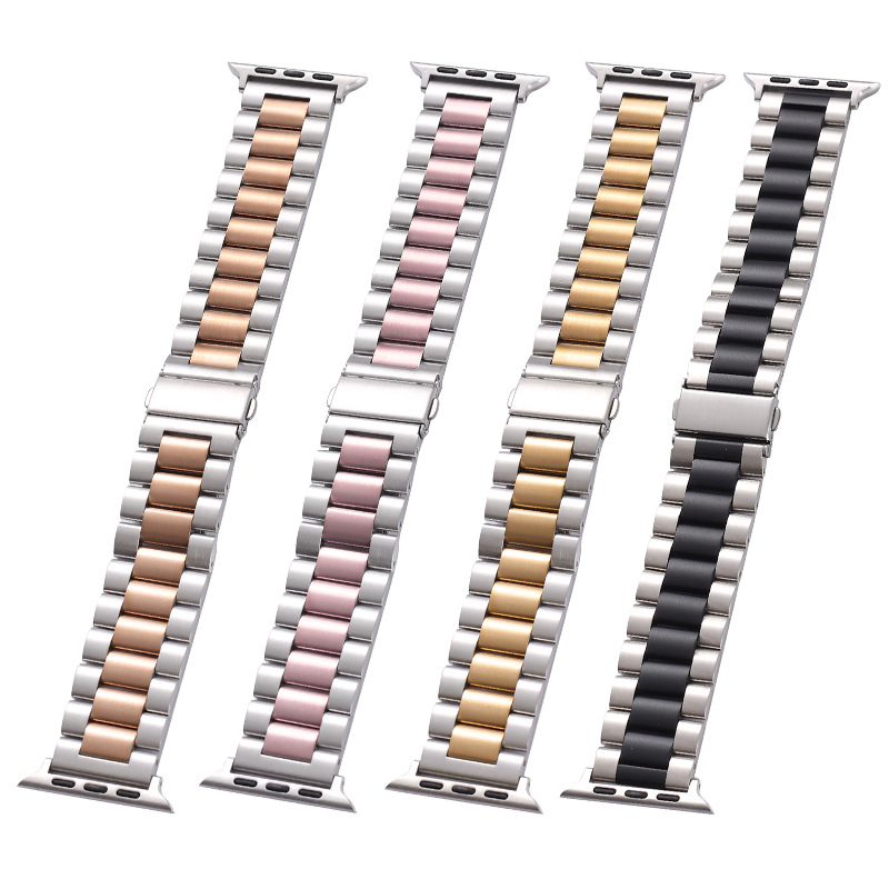 Applicable Watch8 Samsung Huawei GT3 Apple Three-Bead Strap Applewatch8 Stainless Steel Solid Watch Band