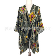 M159丝绒烧花披肩仿乔绒印花和服简约开衩kimono