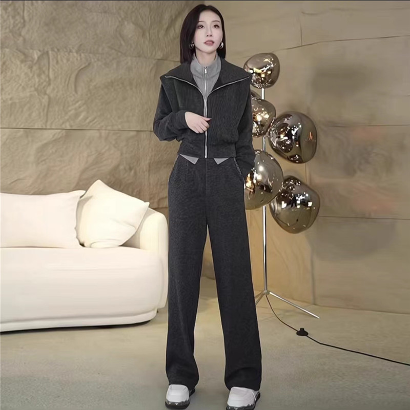 欧货气质卫衣套装女秋季假两件开衫上衣春秋款阔腿裤运动服两件套秋季