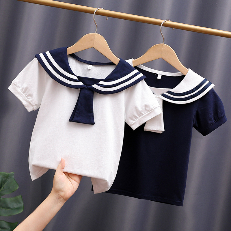 女童短袖t恤夏季2022新款韩版童装儿童小女孩洋气纯棉海军领上衣6