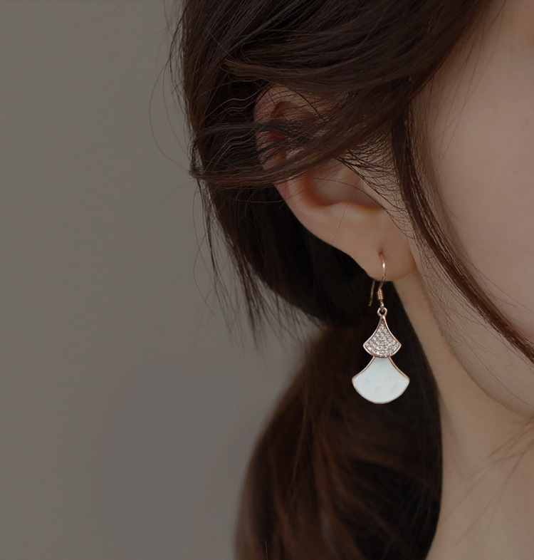 s925银耳环长耳环通体银几何扇镶锆石耳坠简约气质白色女款耳吊