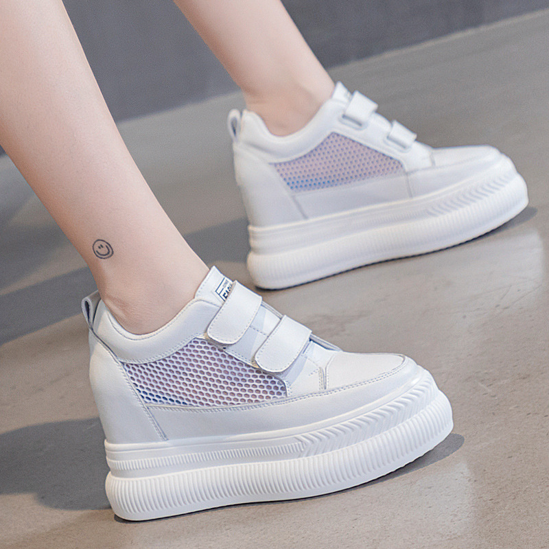 内增高小白鞋女2021新款夏季网鞋厚底松糕透气魔术贴坡跟10cm单鞋