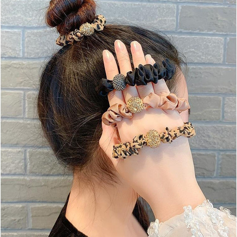 Europe and America Cross Border Hair Ring New Large Intestine Ring Temperament Leopard Print Head Rope round Ball Rhinestone Highly Elastic Hair Rope Hair Accessories Wholesale