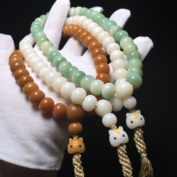 虎虎生威天然白玉菩提根飘花36颗手持雕刻小老虎菩提子佛珠手串