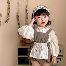 婴儿套装秋季韩系洋气百搭上衣提花背带哈衣女宝宝包屁衣两件套秋