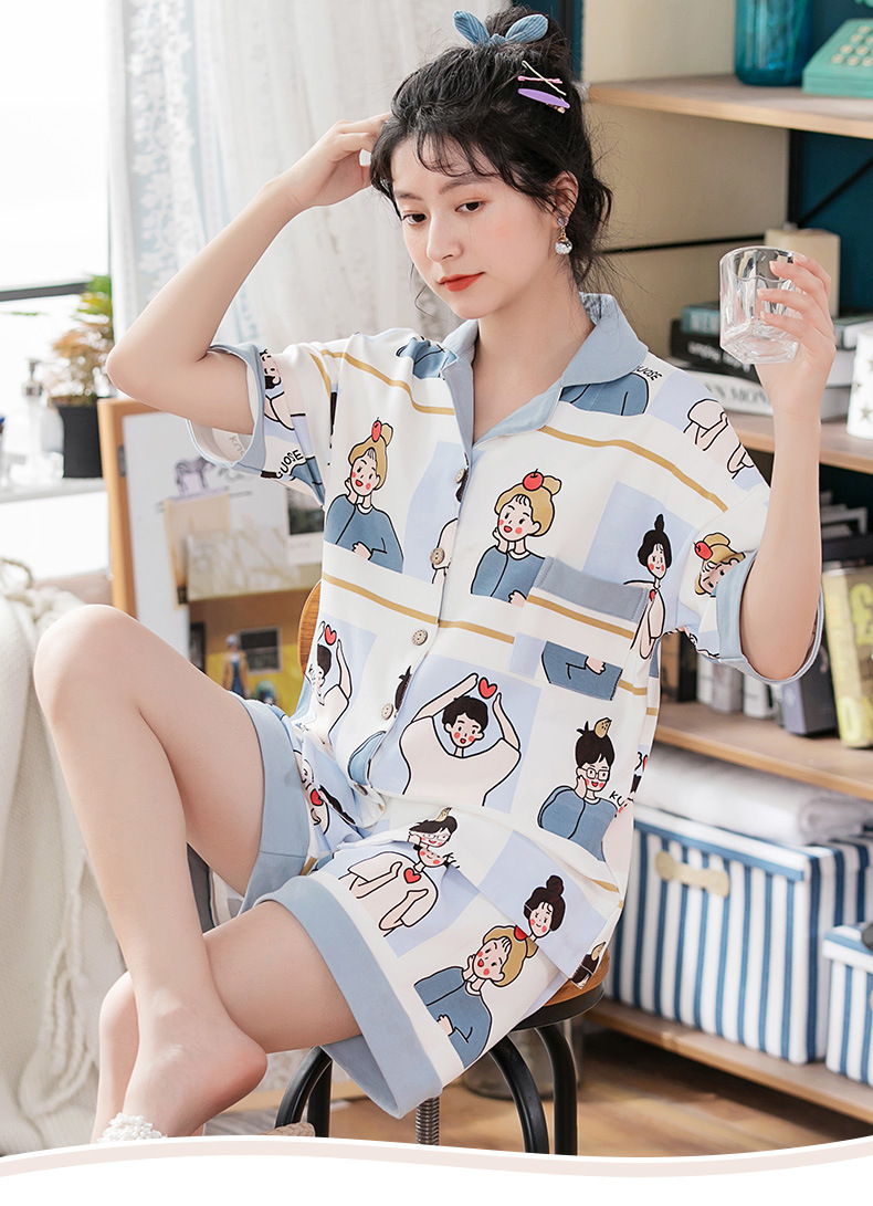 新款纯棉睡衣女夏短袖短裤甜美翻领韩版可爱卡通少女家居服套装