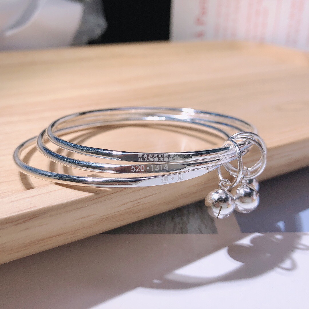 999足银三生三世纯银手镯三环铃铛古风实心镯子七夕节送女友礼物