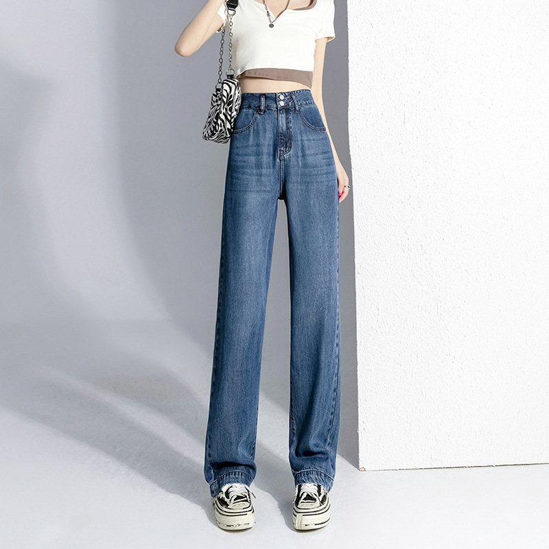 New Ykk Zipper Tencel Lyocell Fabric Straight Wide Leg Jeans Women's Drape Summer Ice Silk Pants