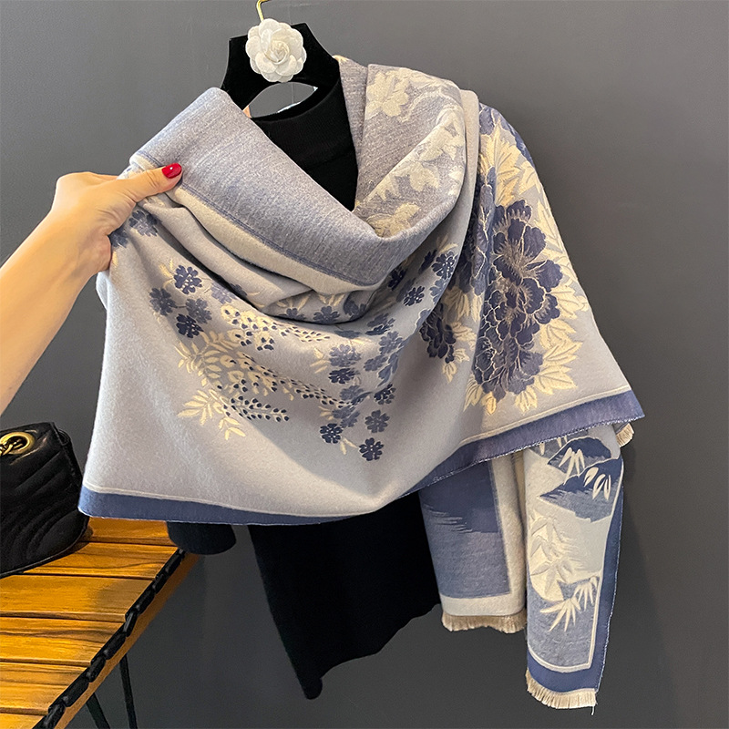 秋冬国风牡丹仿羊绒围巾女新中式保暖加厚围脖时尚复古优雅披肩