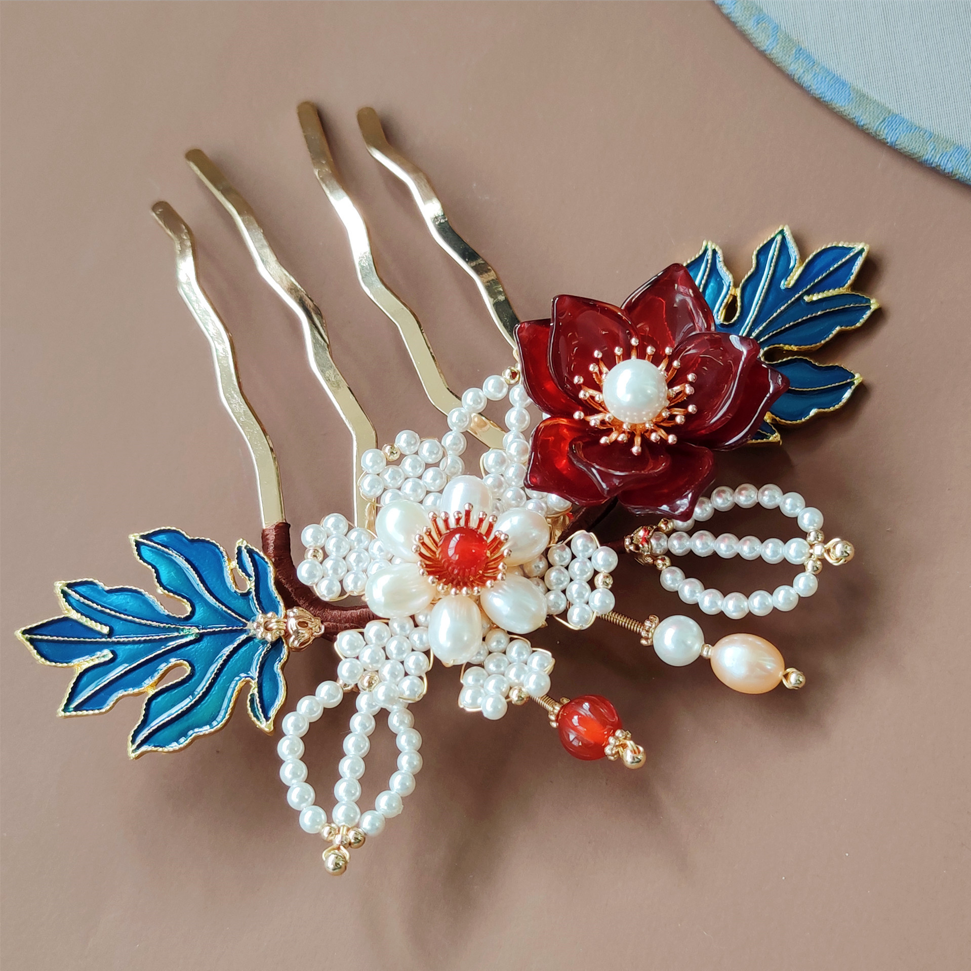 新品上架手工制作汉服头饰古风发饰中式发梳插梳滴油烧蓝辑珠发梳