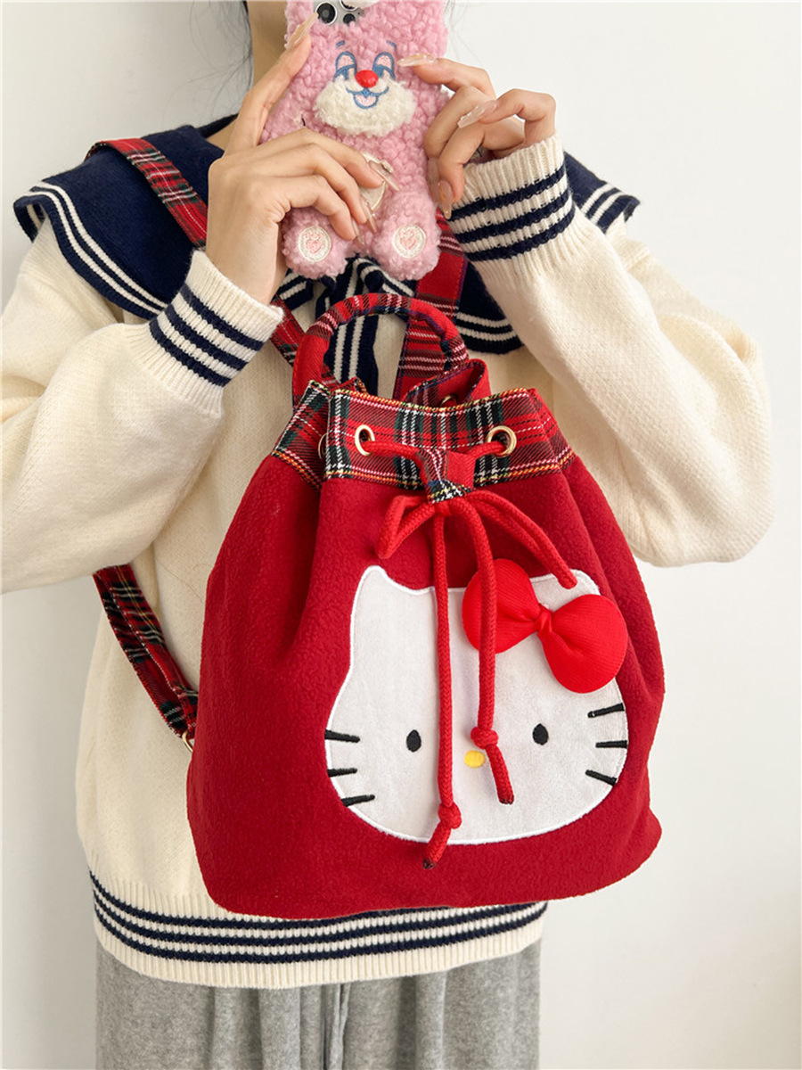 Japanese Cute Hello Kitty Retro Red Plaid Plush Backpack College Style Super Christmas Small Backpack for Women