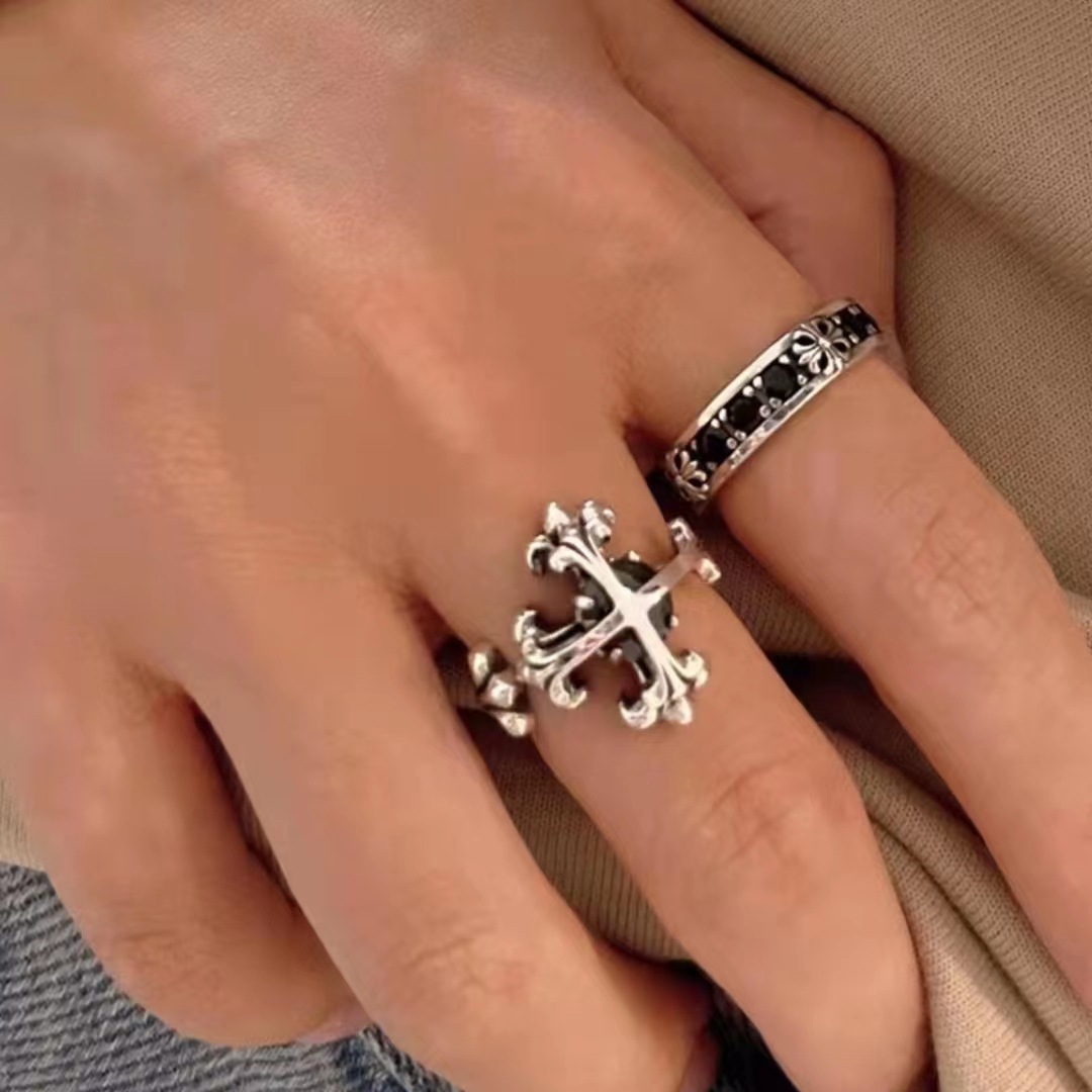 潮牌复古风克罗心十字架朋克戒指情侣开口尾戒对戒男女礼物食指戒