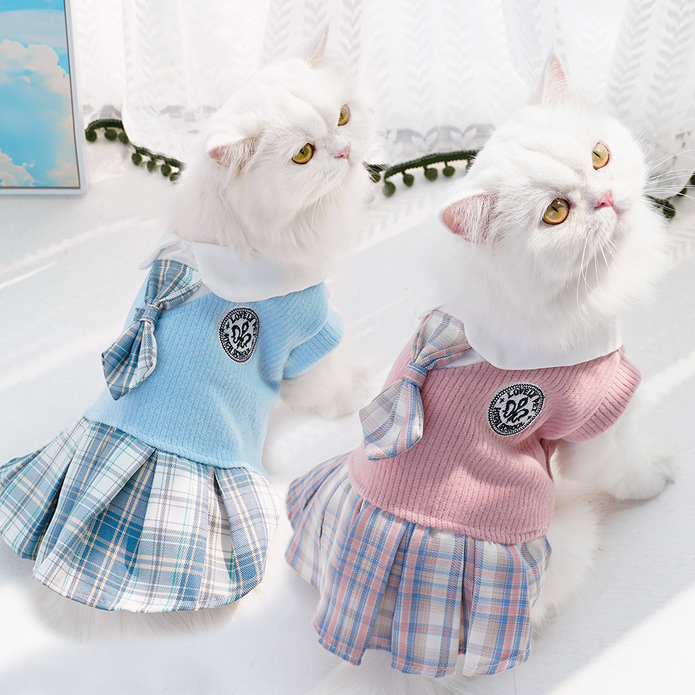 Pet Autumn and Winter Wool Jk Plaid Dress Small and Medium-Sized Dogs Teddy Dog Cat Clothes Supplies Wholesale