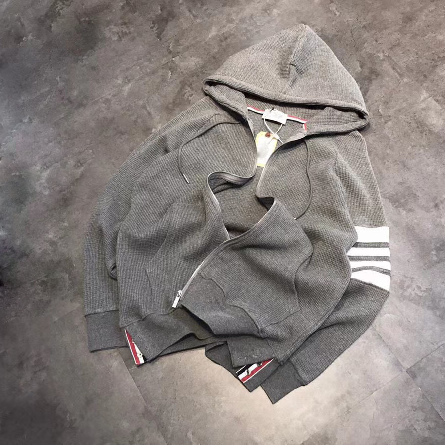 高版本潮牌23春新款tb色织四条杠撞色华夫格连帽拉链长袖卫衣开衫