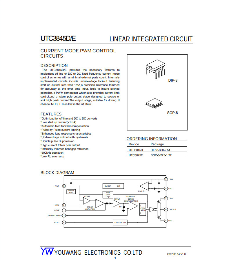 utc3845d pwm电流模式控制器芯片 电动车充电器ic u