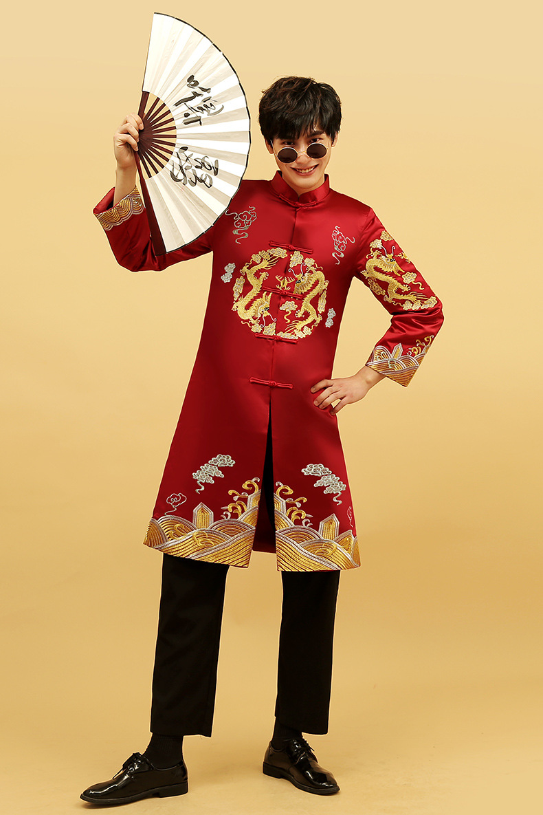 男士酒红色秀禾服2021新款中式结婚礼服古装男款龙凤褂中国风婚服