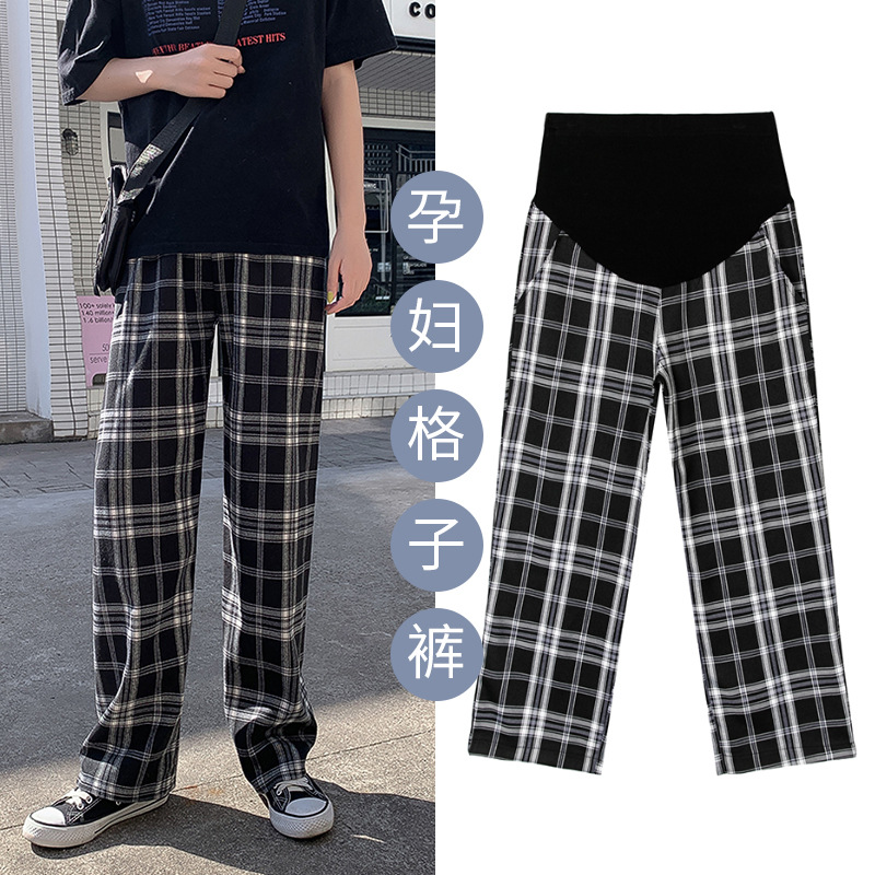 孕妇裤子春秋外穿宽松时尚格子直筒裤潮妈秋季薄款洋气时尚阔腿裤