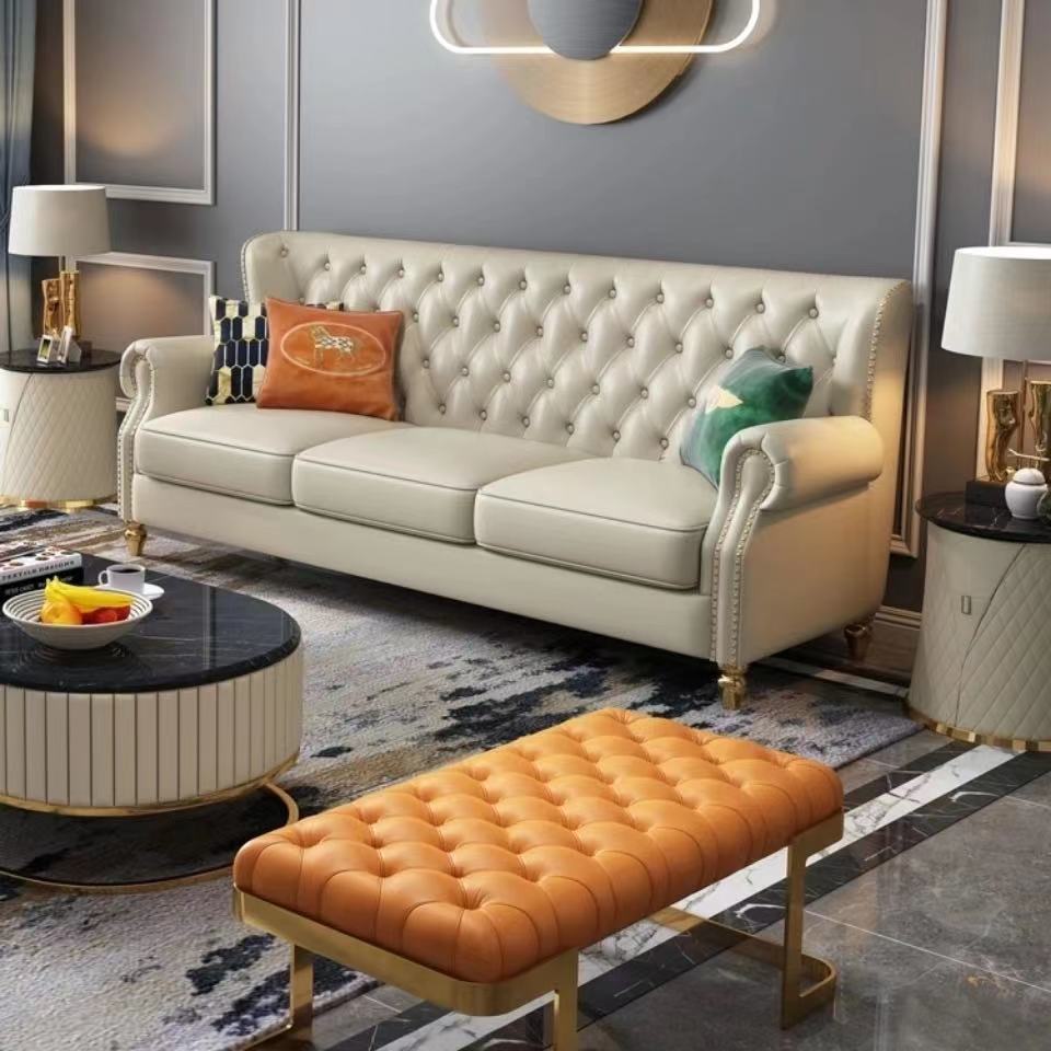 美式轻奢头层牛皮三人位客厅小户型组合沙发拉扣现代简约真皮沙发