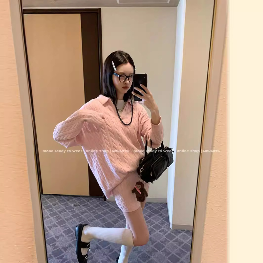 mona 粉灰米色毛衣 中腰短裤两件针织上衣套装女 2024春季新款